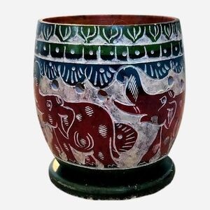 Hand-Carved Multicolor Soapstone Incense Holder – Elephants & Leaf Design